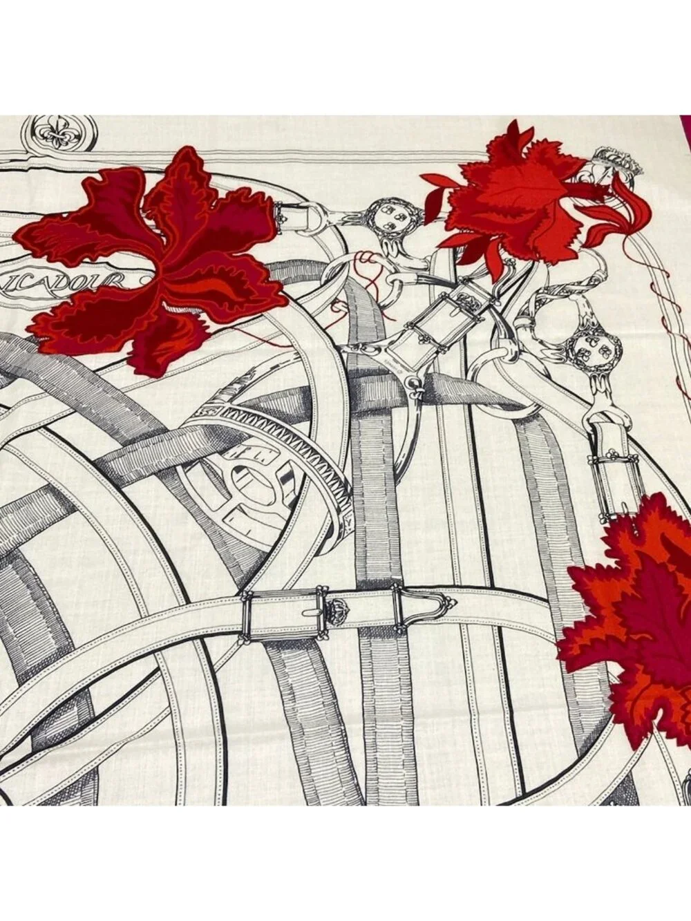 Hermes Shawl Carre 140 Ivory Red Multi Cavalcadour Floral Pattern Cashmere Silk